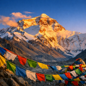 Traveller looking toward Everest North Face from the base camp viewpoint area during an 8-day Tibet Everest Base Camp tour with Tibet Shambhala Adventure